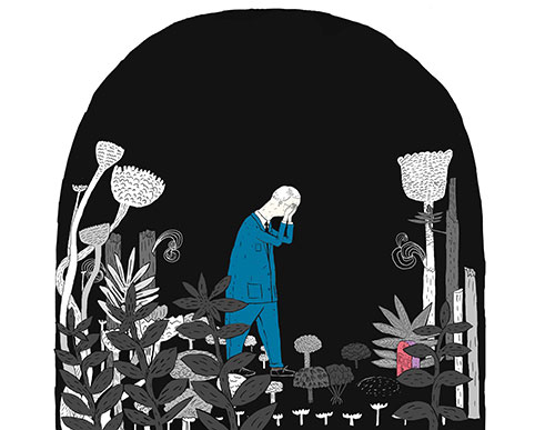 Illustration of a person in a blue suit covering his face behind a row of grey plants