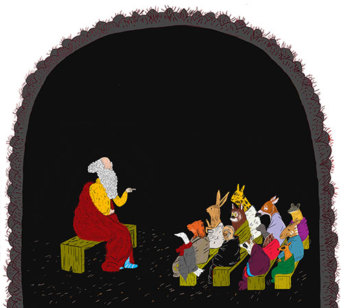 Illustration of a bearded figure pointing at rows of seated animals in clothing