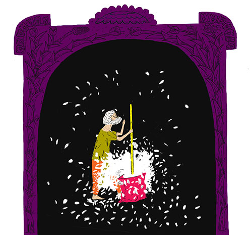 Illustration of a person pushing white feathers into a pink pillow using a long yellow rod